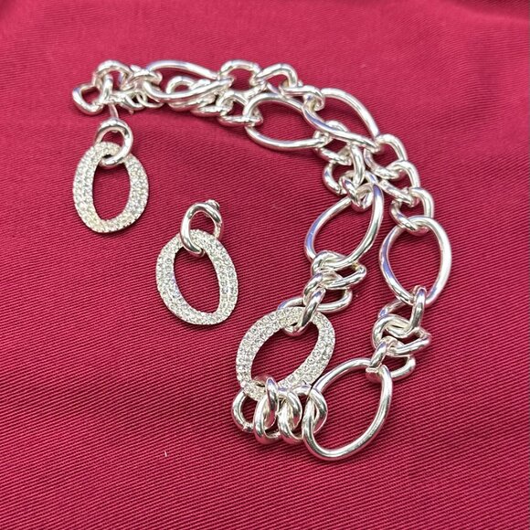 SAQ Set: Silver-Tone Chain Link w/ Crystal Choker Necklace & Post Dangle Earring - Picture 9 of 13